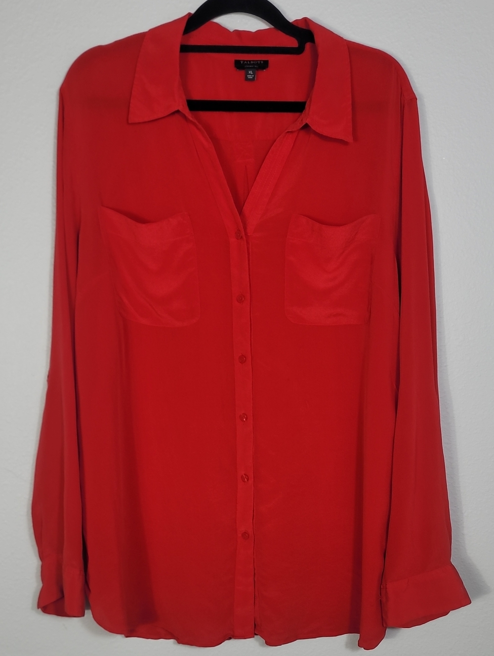 Talbots Washable Silk Button Up Shirt Size XL Red 100% Silk Classic